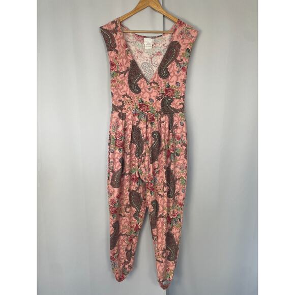 Vintage Jumpsuit Size Medium Large Pink Paisley Lounge Stretch Comfort Retro 90s - Picture 2 of 13